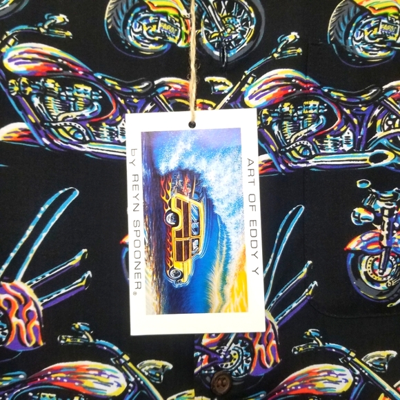 NEW Art Of Eddy Y by Reyn Spooner. Hawaiian Shirt M Motorcycle Chopper Rayon - Picture 3 of 6